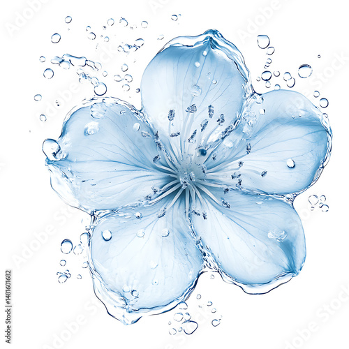 Light blue flower covered with fresh water droplets on transparent background