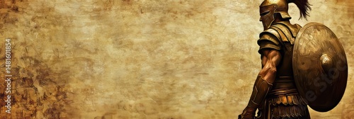 Golden legionary warrior back view with copy space ancient soldier minimalist design background historical text overlay modern style