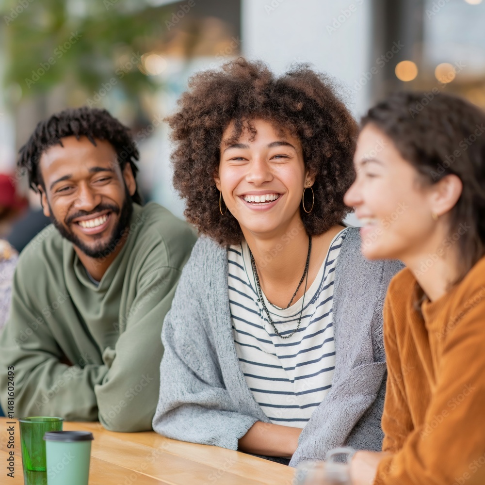 Fototapeta premium Friends share laughter and engaging conversation at a cozy cafe, sipping drinks and enjoying each other's company on a bright day filled with warmth and joy