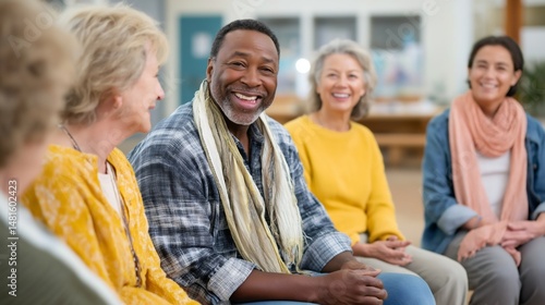 In a welcoming environment, participants engage in a support group discussion, sharing smiles, and experiences, highlighting the importance of community and emotional well-being