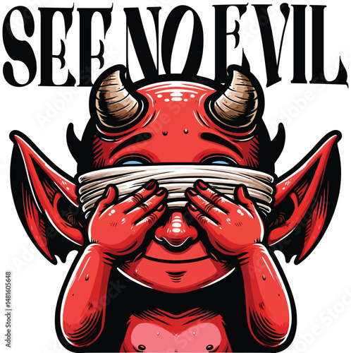 See No Evil Vector T-Shirt Design - Devilish Cute Cartoon Illustration