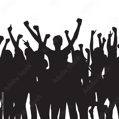 Simple black and white editable vector silhouette of people cheering happily
