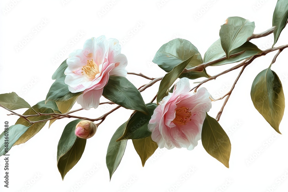 Obraz premium Delicate camellia blossoms on a branch against a white backdrop.