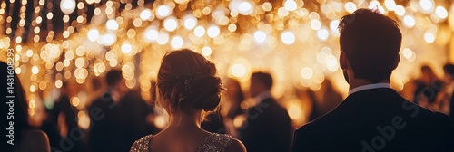 Elegant gala night with bokeh lights: back view of formally dressed guests mingling at a corporate event celebration creating a magical atmosphere