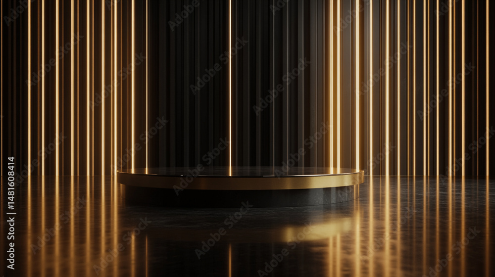 Fototapeta premium Vertical wood panel design features warm light in dark wall, Minimalist stage design featuring wooden panels and ambient lighting, Abstract geometric platforms with golden accents and elegant.