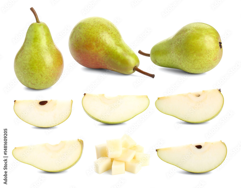 Fresh whole and sliced pears on white background Fresh whole and sliced pears on white background