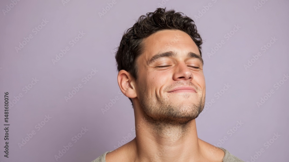 Obraz premium A young man's serene expression captures tranquility and confidence, his glowing skin complemented by a soft lavender backdrop, reflecting minimalist beauty ideals