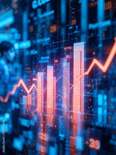 Digital, blue and lines of finance with bar graph for supply chain, commodity price increase or decrease. Chart information, expansion and stats of economic inflation, cost and value or rates.