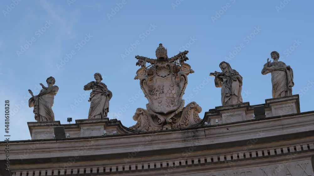 Papal emblem flanked by five detailed saint statues on the colonnade of St. Peter’s Square, Vatican City, Rome, under soft daylight and blue sky, captured in high resolution Papal emblem flanked by five detailed saint statues on the colonnade of St. Peter’s Square, Vatican City, Rome, under soft daylight and blue sky, captured in high resolution