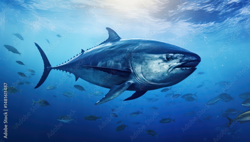 Fototapeta premium Swarm of Bluefin Tuna in the middle of the blue ocean