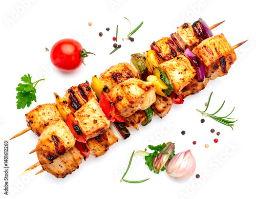 Grilled chicken skewers isolated on white background, top view