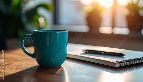 View of a Workspace with a Mug, Notebook, and Pen in Soft Sunlight