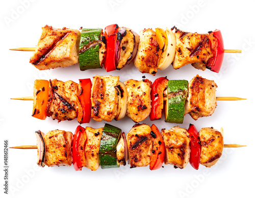 Grilled chicken skewers isolated on white background, top view