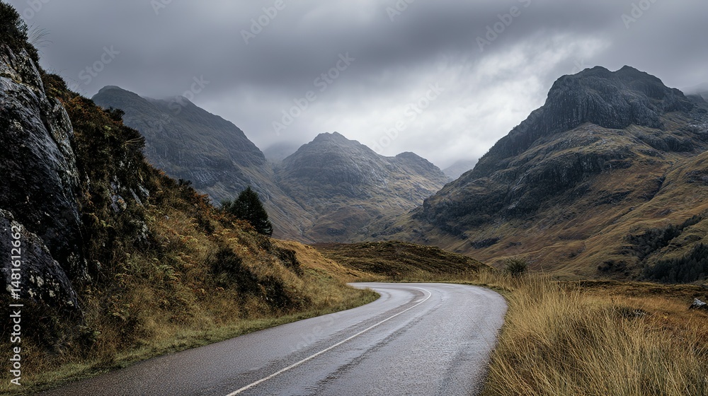 Fototapeta premium Winding mountain road under a dramatic sky.