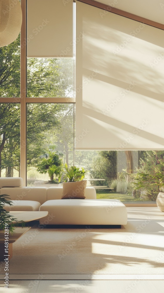 Fototapeta premium Bright Living Room Interior with Large Windows and Roller Shades, Modern Design, Natural Light, Cozy Atmosphere, Serene View