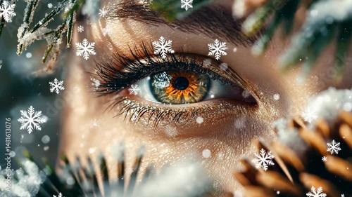 Winter's Glance: A Close-Up of a Captivating Eye Amidst Snowy Foliage