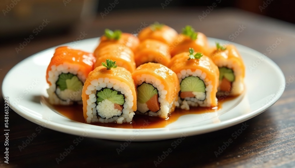 Variety of sushi rolls on white plate, soy sauce, japanese, soy Variety of sushi rolls on white plate, soy sauce, japanese, soy