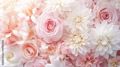 Romantic floral background light pastel colors roses and dahlias elegant arrangement soft focus perfect for wedding invitations greeting cards or spring promotions 