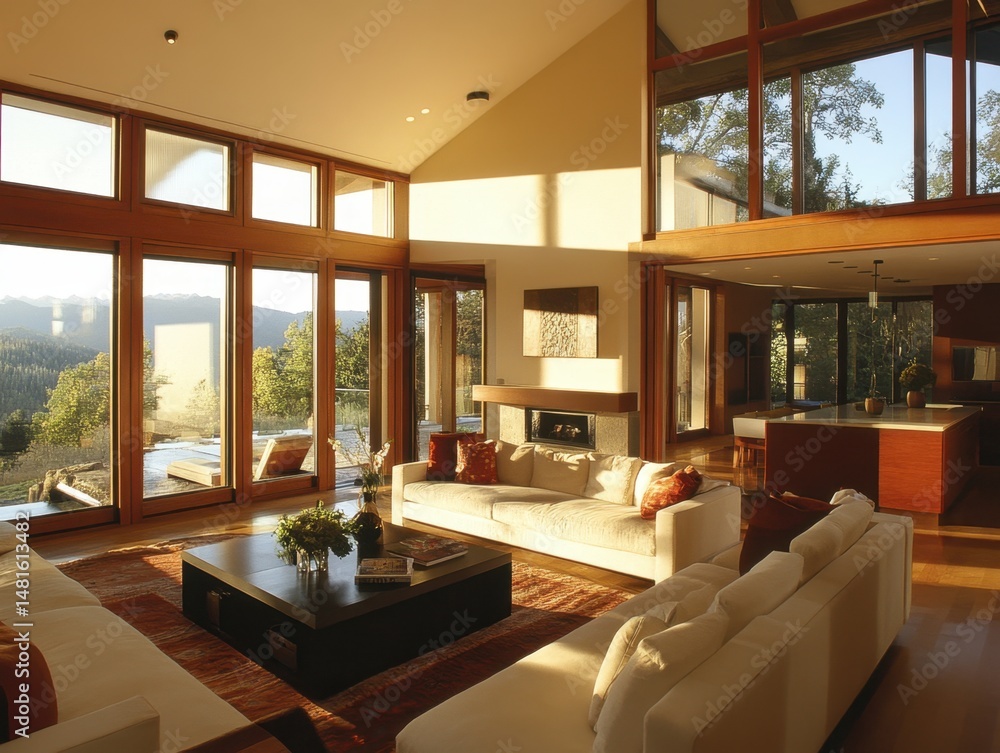 Fototapeta premium Bright Living Room Interior with Mountain View and Modern Design, Sunlight Streaming Through Large Windows, Warm and Inviting Atmosphere, Luxury Home