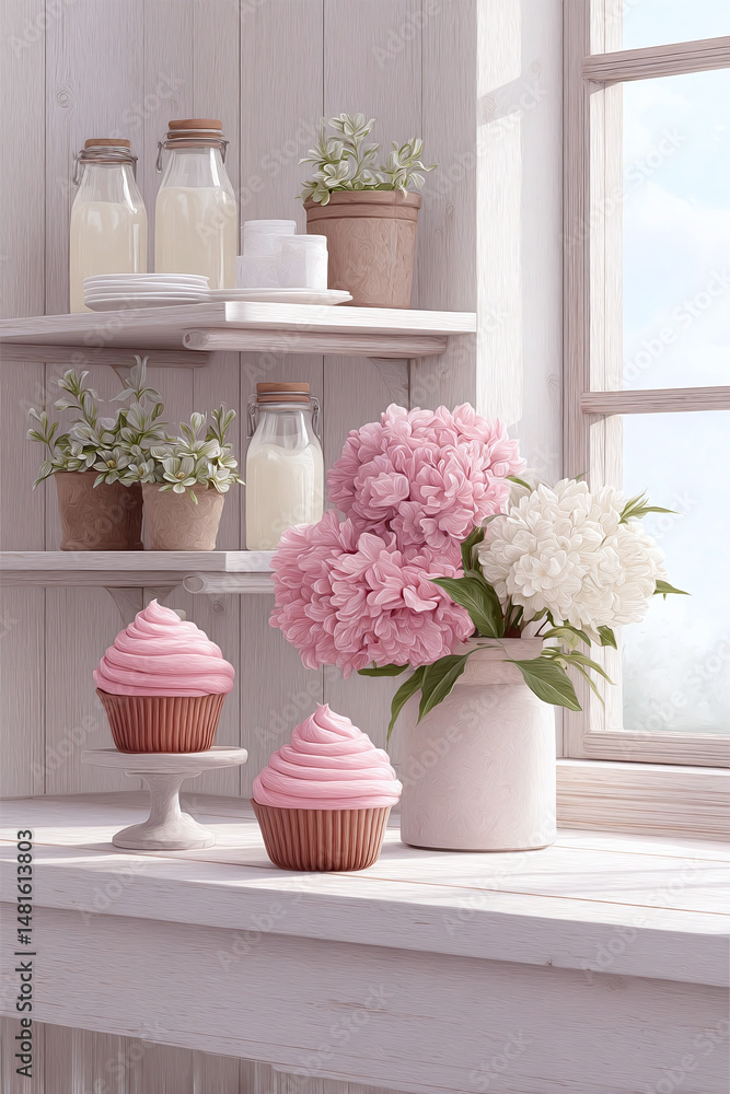 Pink Cupcakes and Hydrangeas in a Cozy Kitchen Pink Cupcakes and Hydrangeas in a Cozy Kitchen