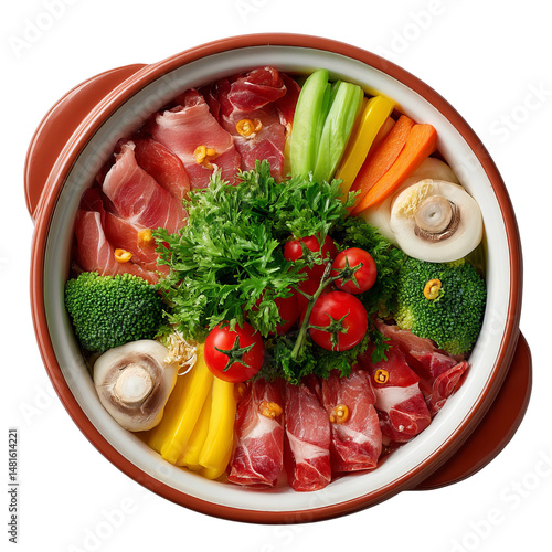 Hot pot dish with meat and vegetables in a terracotta pot. Top view.