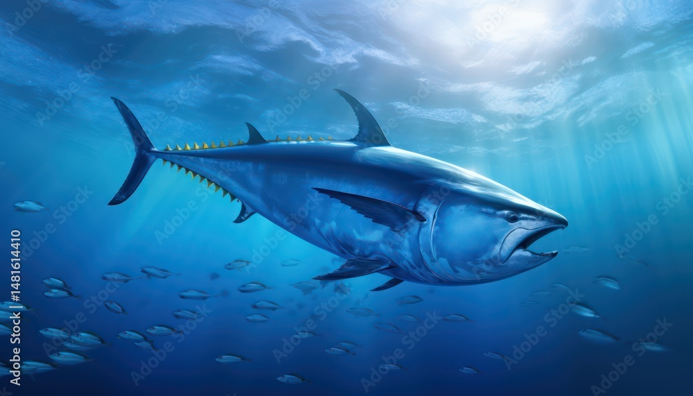 Obraz premium Swarm of Bluefin Tuna in the middle of the blue ocean