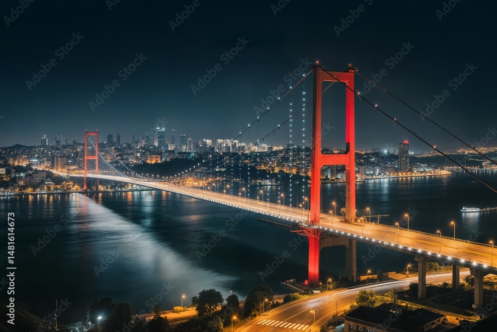 Naklejka premium long red suspension bridge spans a body of sea concept istanbul boğaz köprüsü 15 temmuz brightly lit un largo puente colgante rojo sobre una masa de mar concepto los pilones del puente y la calzada