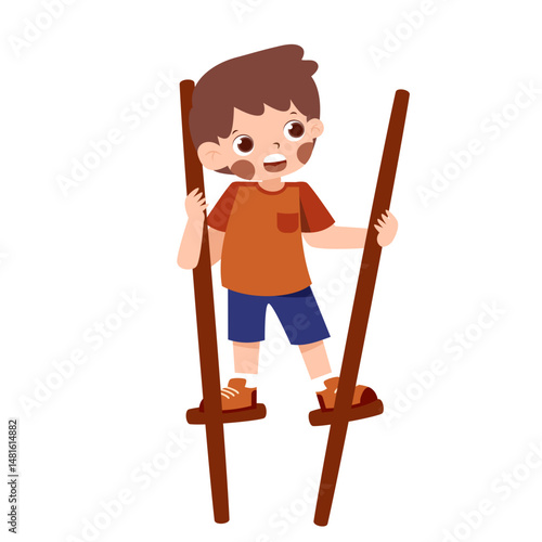 Boy Learning to Walk on Stilts, Happy Child's Play, Outdoor Activity.