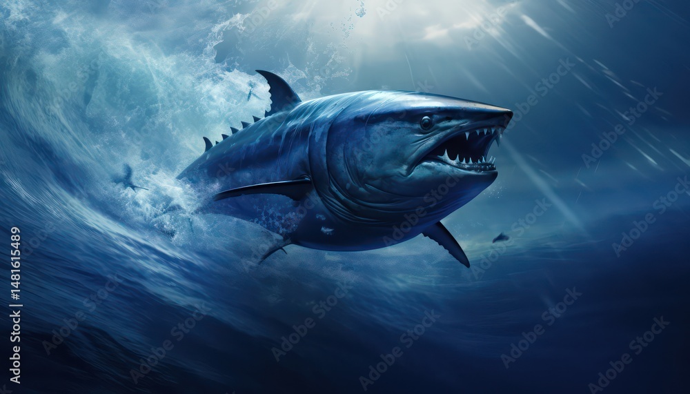 Fototapeta premium Swarm of Bluefin Tuna in the middle of the blue ocean