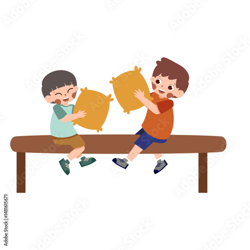 Cartoon boys pillow fighting on a bench, joyful childhood illustration.