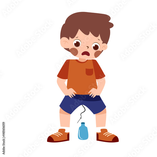Cartoon Boy's Disappointment: Broken Bottle, Sad Expression, Childhood Mishap.