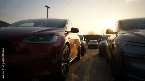 Rows of cars in a car dealership parking lot, in the evening during sunset. Move camera view