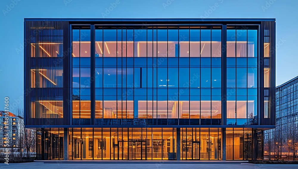 Fototapeta premium Modern corporate glass facade architecture with visible interiors at twilight time