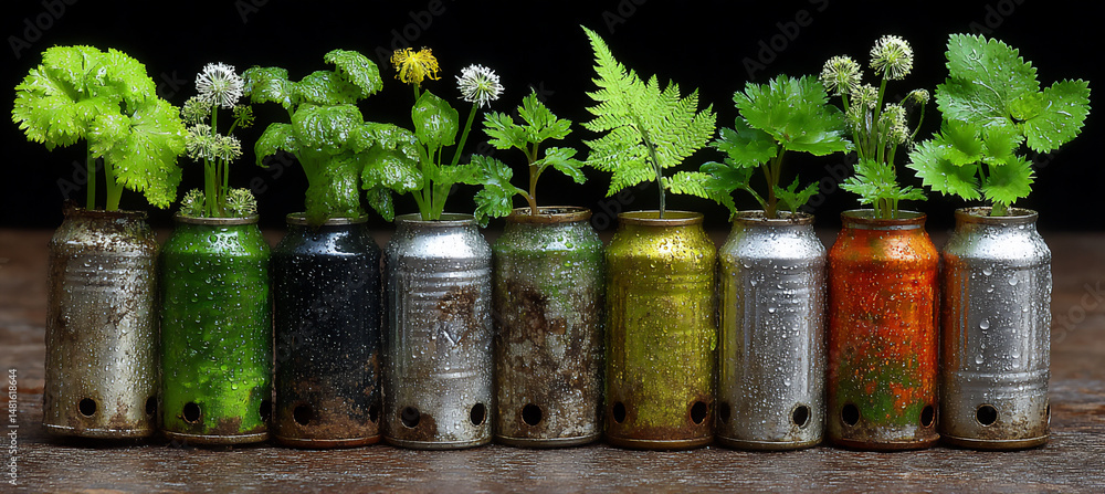 Fototapeta premium upcycled tin cans with drainage holes used as indoor planters for moisture-loving plants,