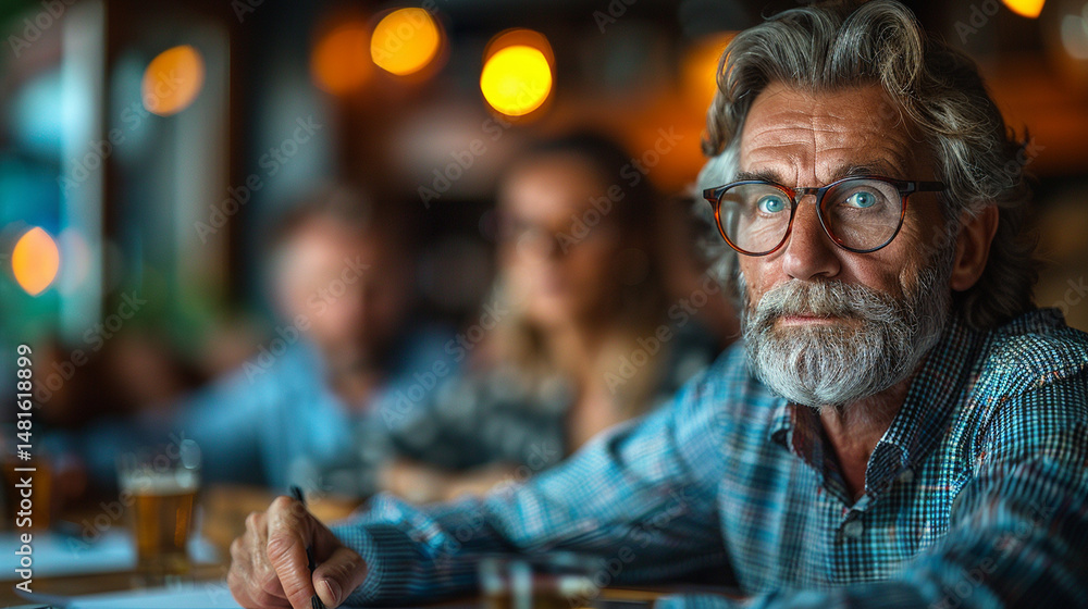 Senior man in a meeting, focused on discussion, with colleagues in the background. Senior man in a meeting, focused on discussion, with colleagues in the background.