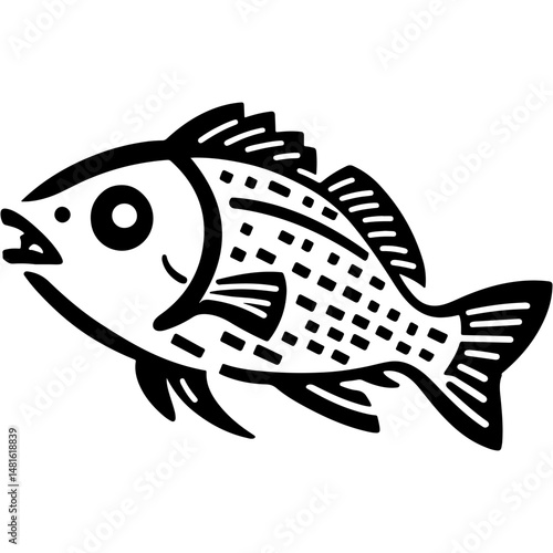 Sketchy emblem of schematic sea river fish image for menu in monochrome. Engraving minimalistic vector in black ink drawing on transparent background