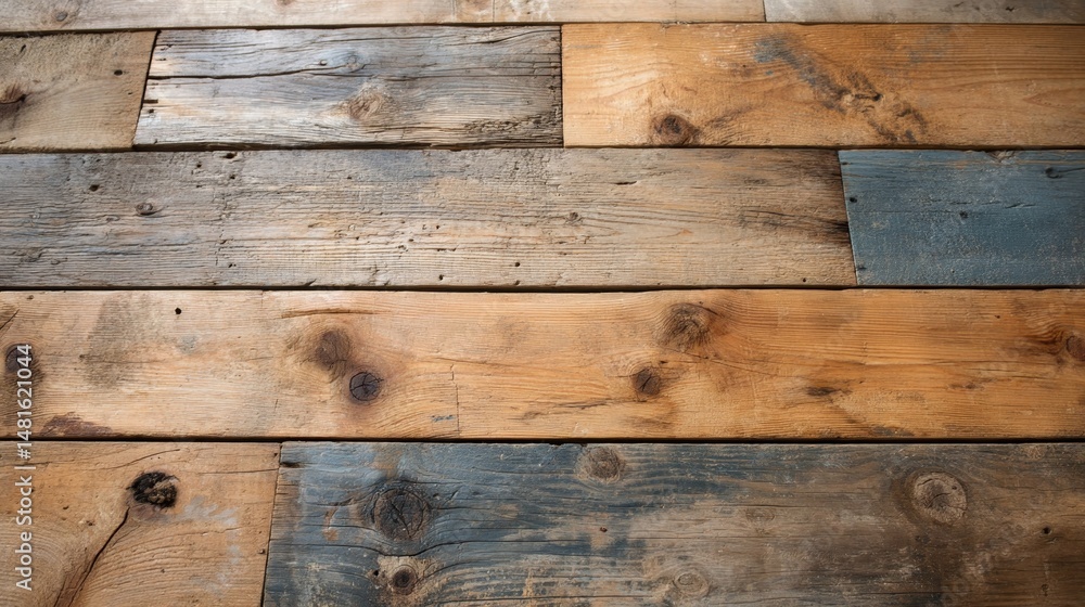 Naklejka premium Reclaimed wood planks display unique grains and knots, arranged in horizontal rows, highlighting the natural beauty and weathered textures of each piece