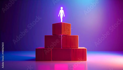 Empowering progress creative journey of a figure on block pyramid studio setting digital art inspirational atmosphere