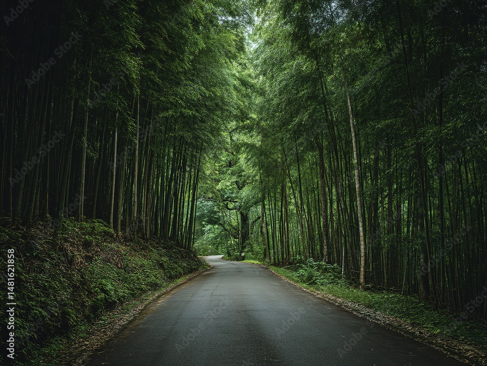 Obraz premium A winding road through a lush bamboo forest.