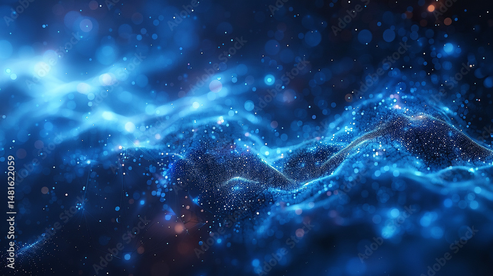 Abstract digital wave of glowing blue particles on a dark background. Abstract digital wave of glowing blue particles on a dark background.