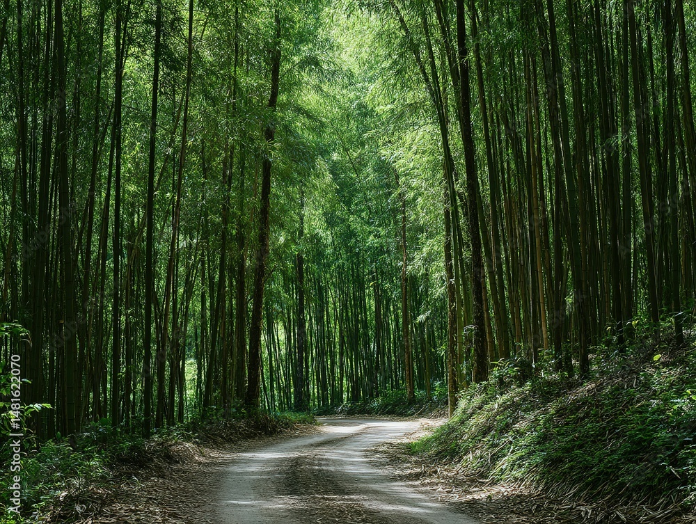 Fototapeta premium Lush bamboo forest pathway through verdant trees.