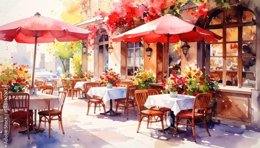 Obraz premium Charming watercolor restaurant scene, a cozy dining experience captured in art