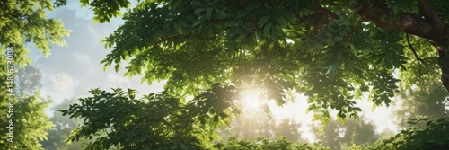 Lush green leaves, vibrant sunlight dappled through foliage, greenery, jungle