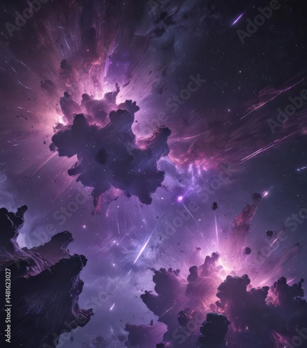 Purple night sky explodes with nebulae, sparkling star clusters ,  purple, Night sky