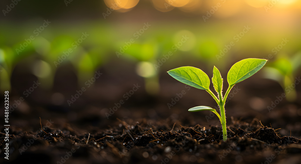 Fototapeta premium Young Green Seedlings Emerging from Rich Soil at Sunrise