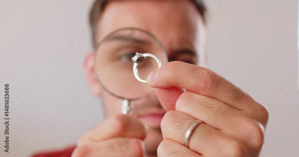Jewerly inspect and verify. Jewelry appraiser looks intently at black gemstone ring held up to magnifying glass. Young man with serious, focused expression examines details of ring. Close up. 4K video Jewerly inspect and verify. Jewelry appraiser looks intently at black gemstone ring held up to magnifying glass. Young man with serious, focused expression examines details of ring. Close up. 4K video