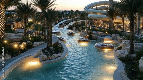 Serene water park at dusk