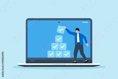 Flat illustration of freelancer stacking completed tasks like building blocks in virtual workspace to represent productivity and project organization