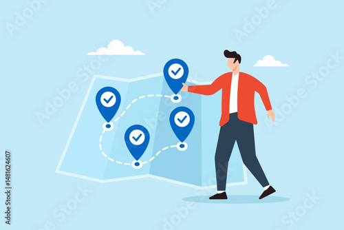 Flat illustration of freelancer navigating task map with checklist icons as destination markers to represent progress tracking and workflow planning