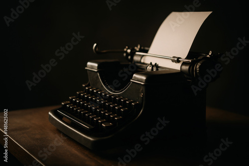 Vintage black typewriter with blank paper on wooden table in low light creating nostalgic and creative atmosphere